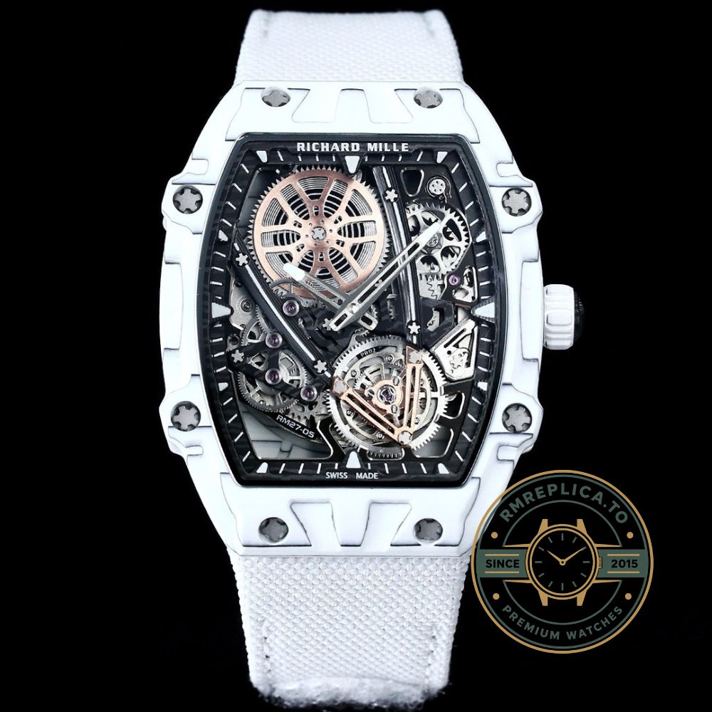 Richard Mille RM 27-05 Rafael Nadal Flying Tourbillon super clone front view with Carbon TPT B.4 case and white nylon strap – richard mille super clone