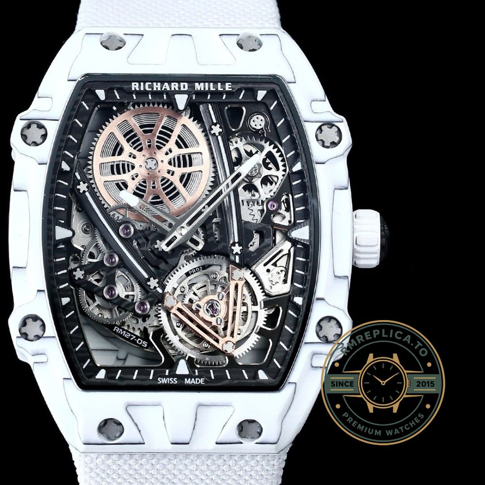 Fake Richard Mille RM 27-05 Rafael Nadal Flying Tourbillon angled view showing skeleton dial and V-shaped bridges – fake richard mille