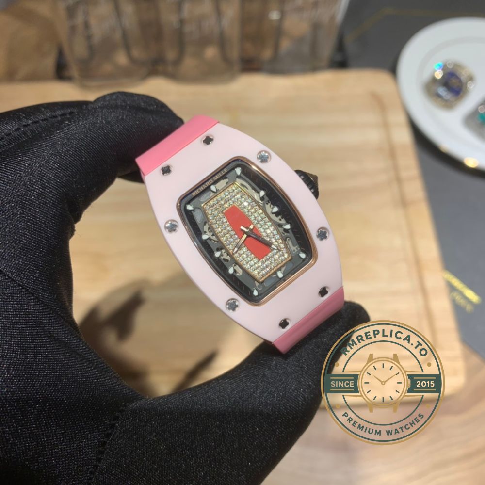 Richard Mille RM 07-01 super clone angled view with pink ceramic case and skeleton diamond dial – richard mille super clone