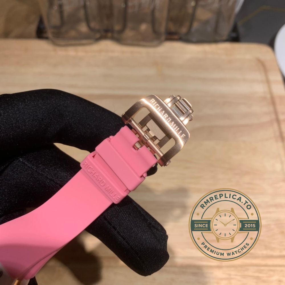 Replica Richard Mille watch RM 07-01 side view with pink ceramic case and pink rubber strap – replica richard mille watch