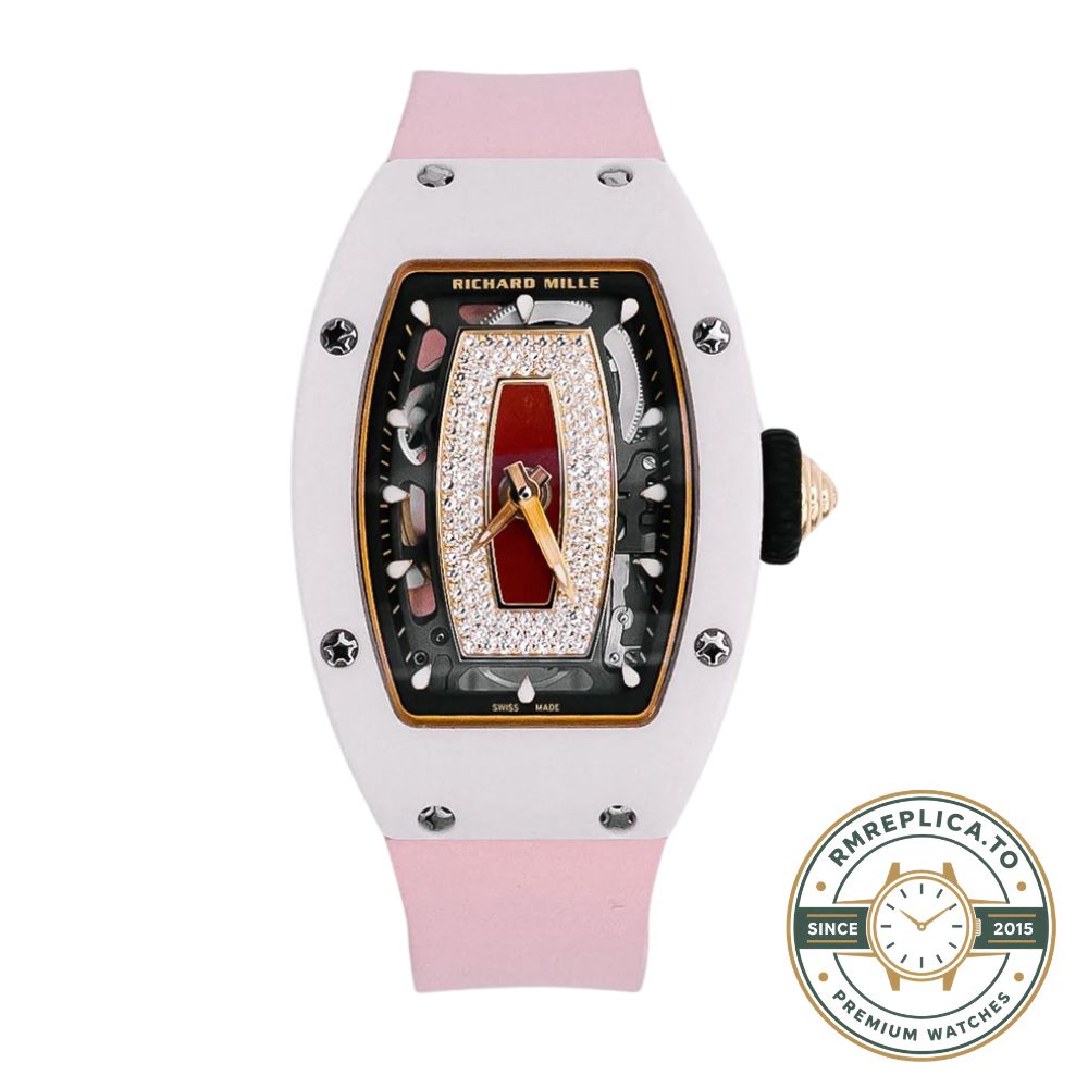 Best Richard Mille replica RM 07-01 crown detail on pink ceramic case – best richard mille replica