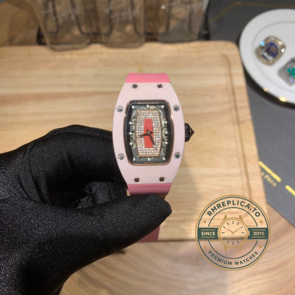 Richard Mille swiss replicas RM 07-01 on wrist with pink ceramic skeleton diamond dial – richard mille swiss replicas