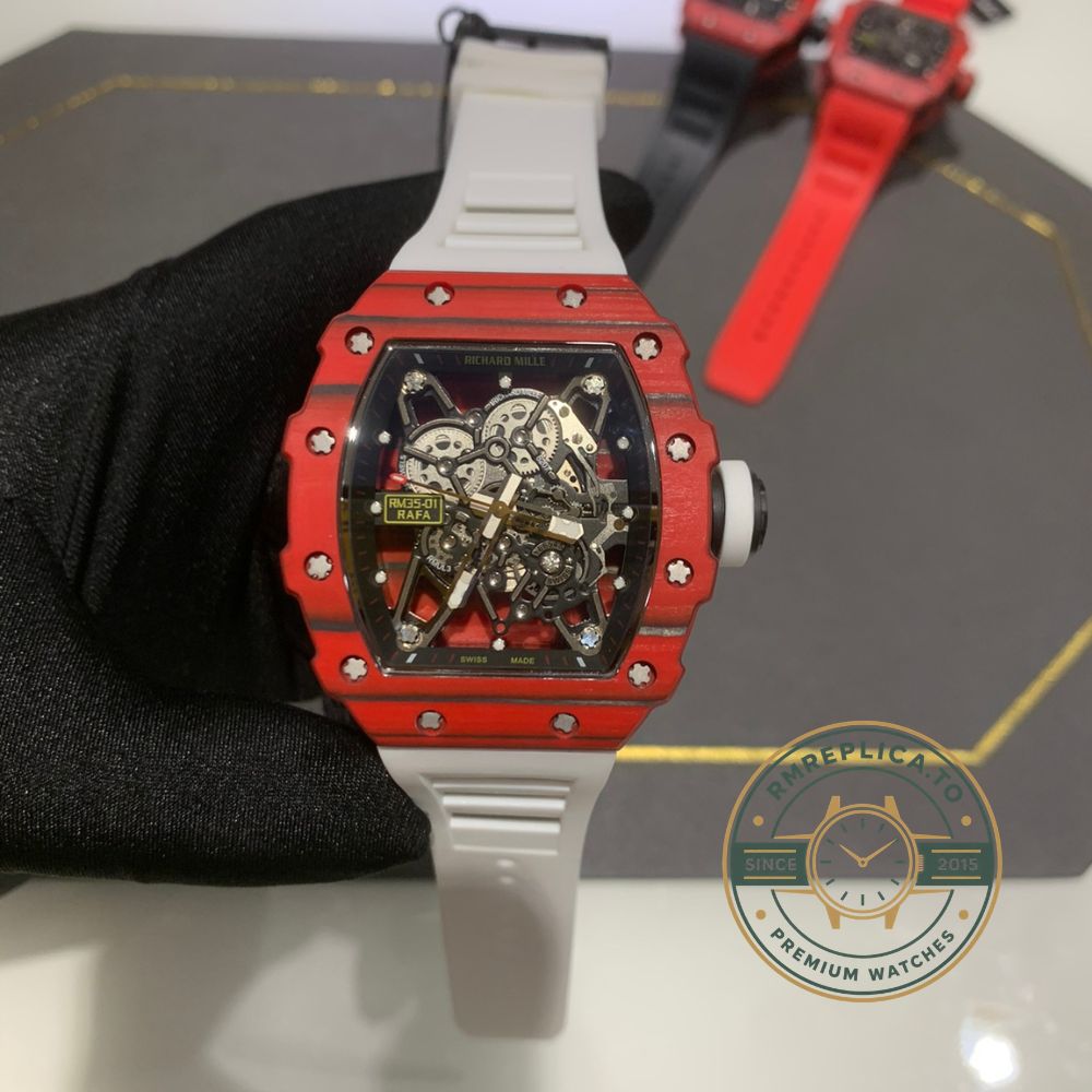 Richard Mille RM 35-01 Rafael Nadal super clone front view showing red case, carbon fiber bezel and skeleton dial – richard mille super clone