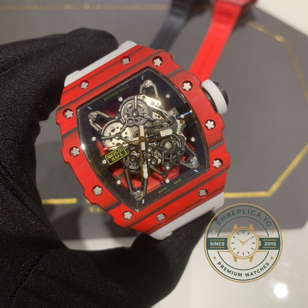 Fake Richard Mille RM 35-01 Rafael Nadal red case watch angled view with white rubber strap – fake richard mille