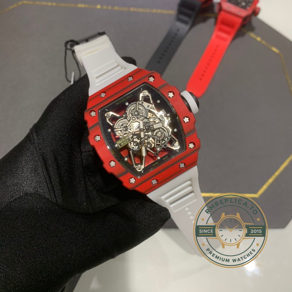 Replica Richard Mille watch RM 35-01 Rafael Nadal red case dial detail with skeletonized movement – replica richard mille watch