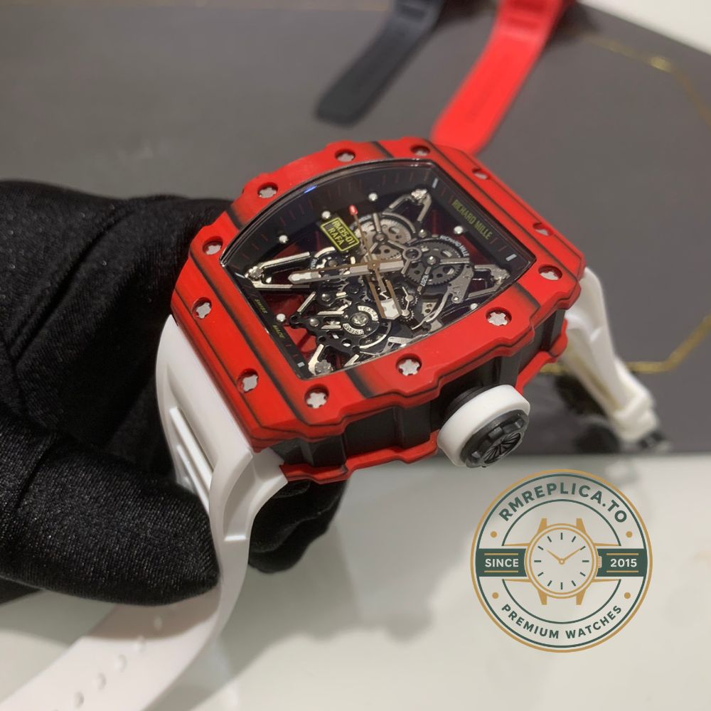 Best Richard Mille replica RM 35-01 Rafael Nadal red case side view showing carbon fiber case and crown – best richard mille replica