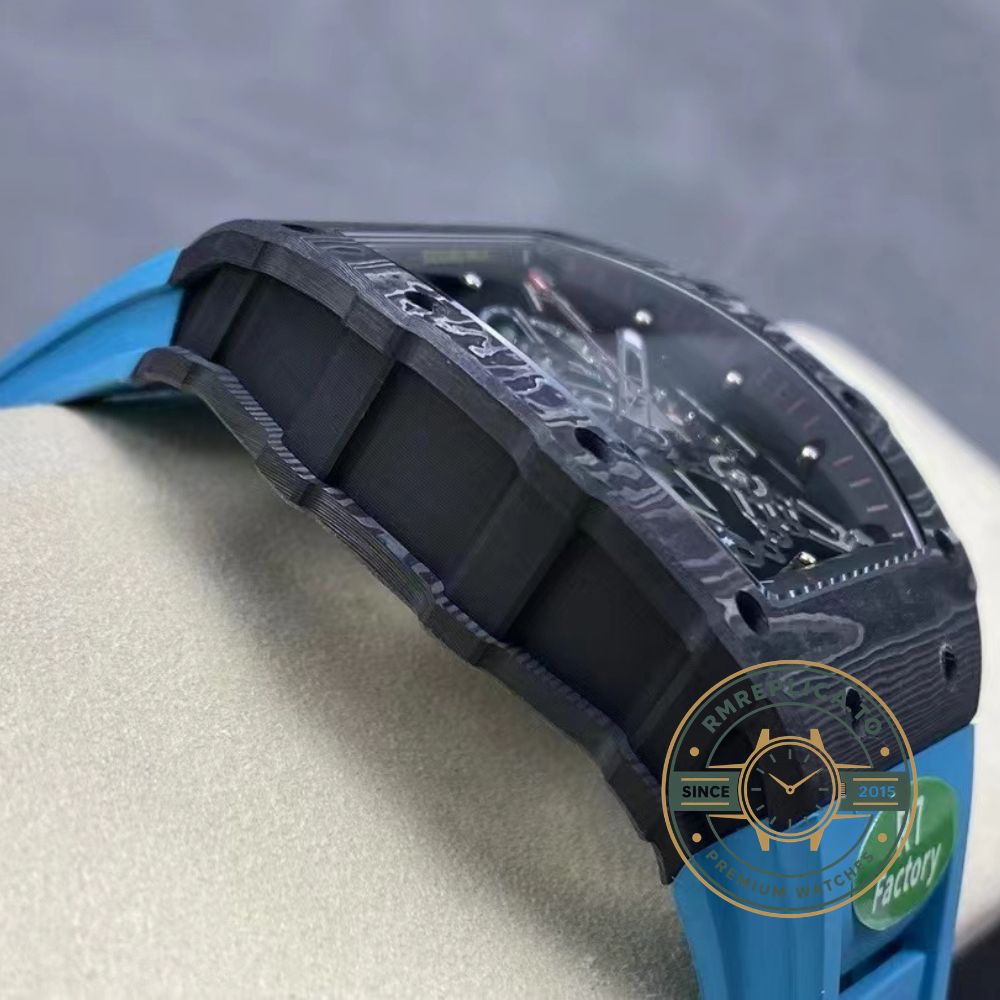 Richard Mille RM35-02 black NTPT carbon fiber case with blue rubber strap front view – richard mille replica
