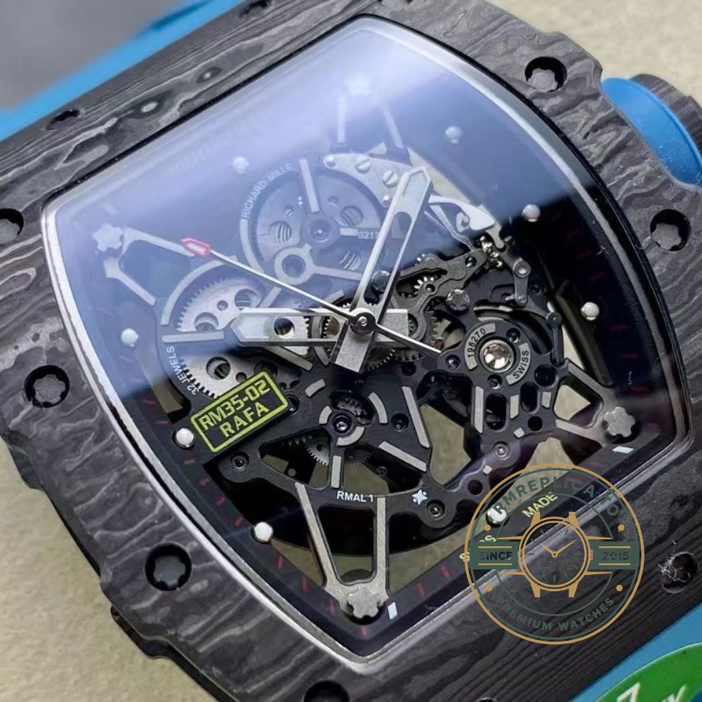 Richard Mille RM35-02 black NTPT carbon fiber case with blue rubber strap transparent caseback movement detail view – richard mille super clone