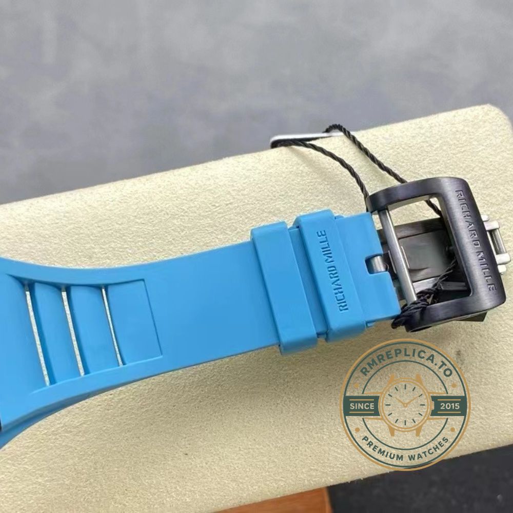 Richard Mille RM35-02 black NTPT carbon fiber case with blue rubber strap side detail view – fake richard mille