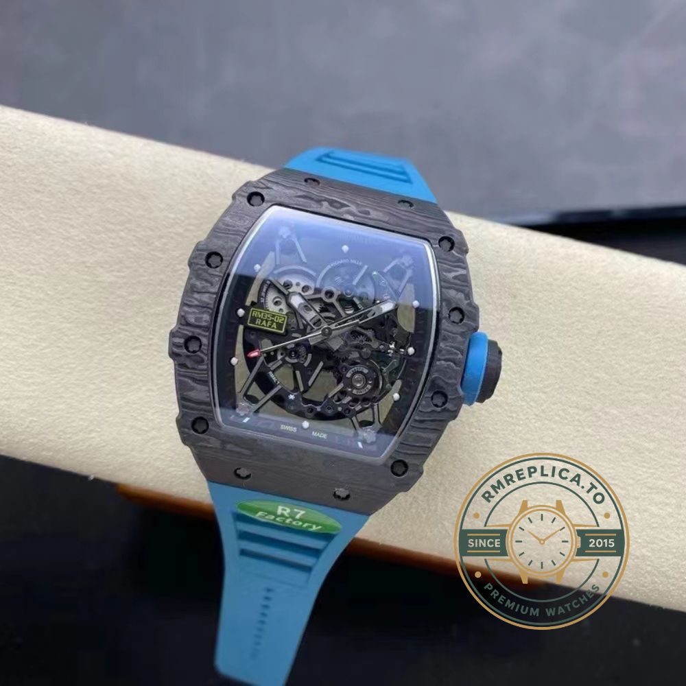 Richard Mille RM35-02 black NTPT carbon fiber case with blue rubber strap and black buckle side detail view – replica richard mille watch