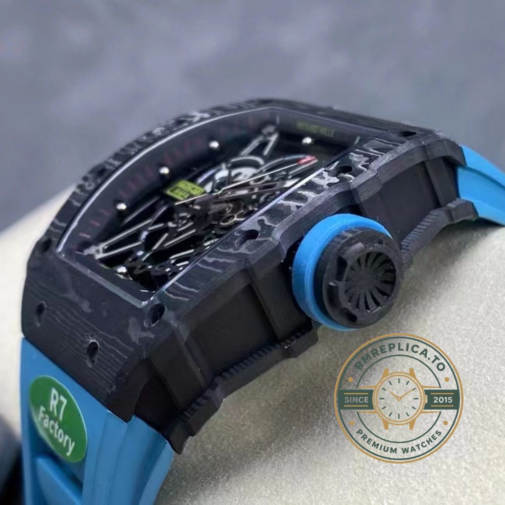 Richard Mille RM35-02 black NTPT carbon fiber case with blue rubber strap side structure detail view – richard mille clone