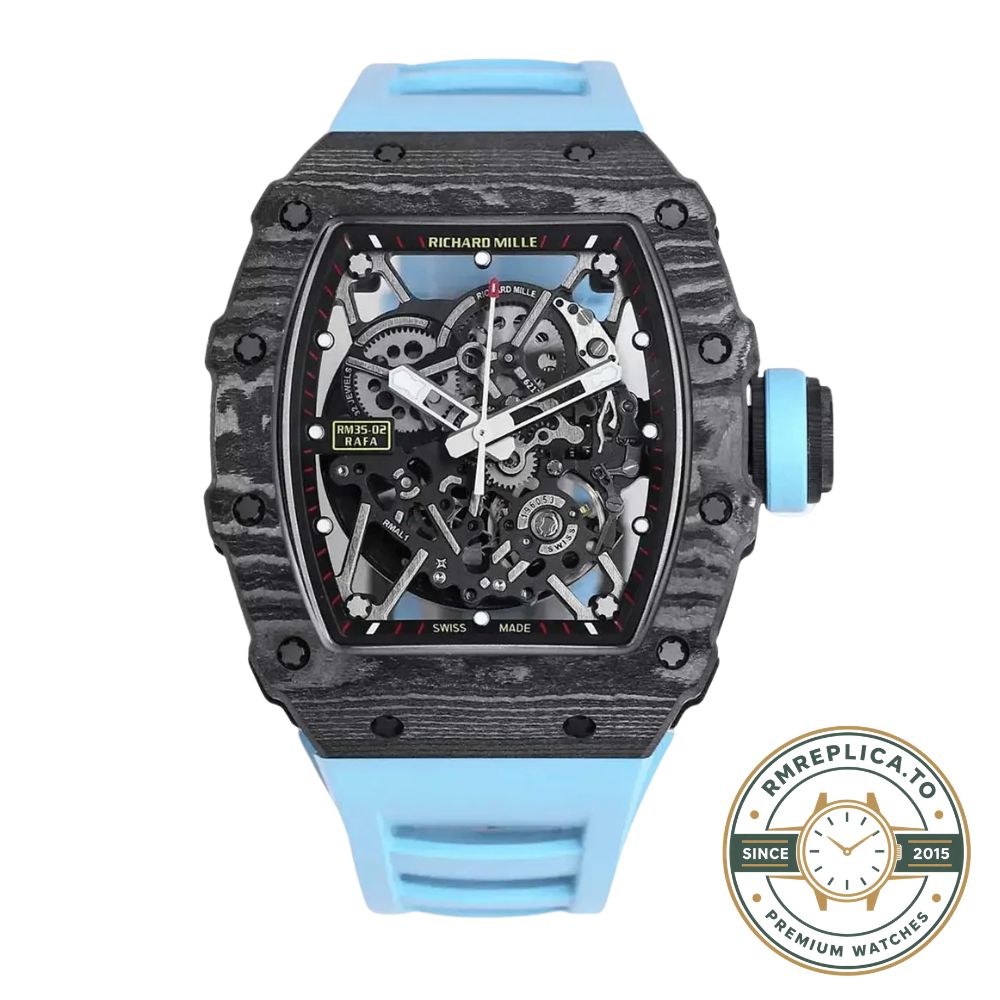 Richard Mille RM35-02 black NTPT carbon fiber case with blue rubber strap front movement detail view – best richard mille replica