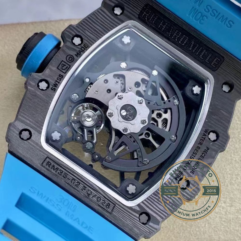 Richard Mille RM35-02 black NTPT carbon fiber case blue rubber strap front view – richard mille replicas
