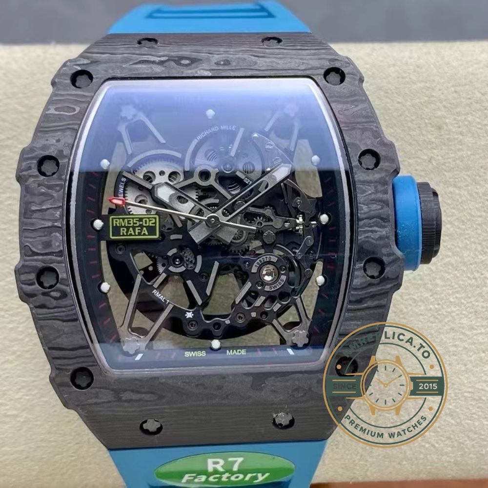 Richard Mille RM35-02 black NTPT carbon fiber case blue rubber strap angled wrist detail view – imitation richard mille