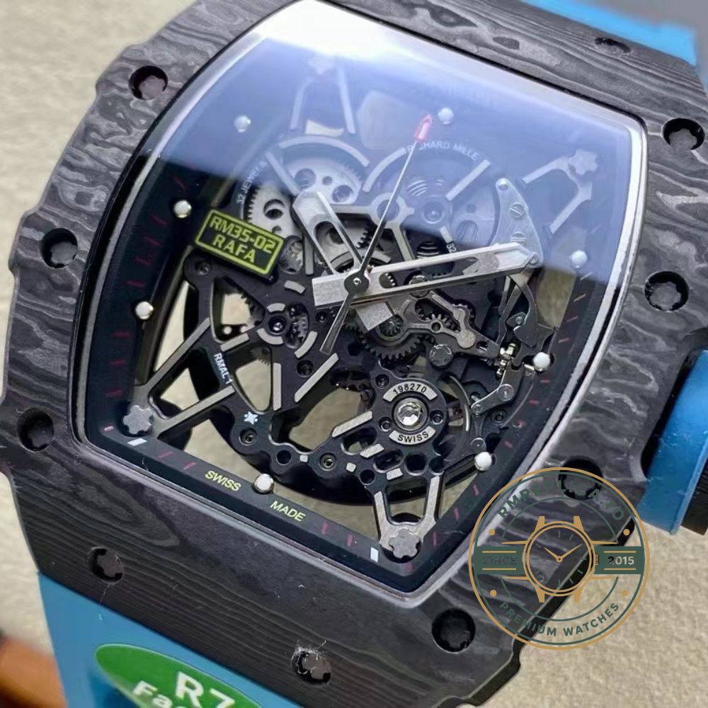 Richard Mille RM35-02 black NTPT carbon fiber case blue rubber strap movement detail view – richard mille swiss replicas