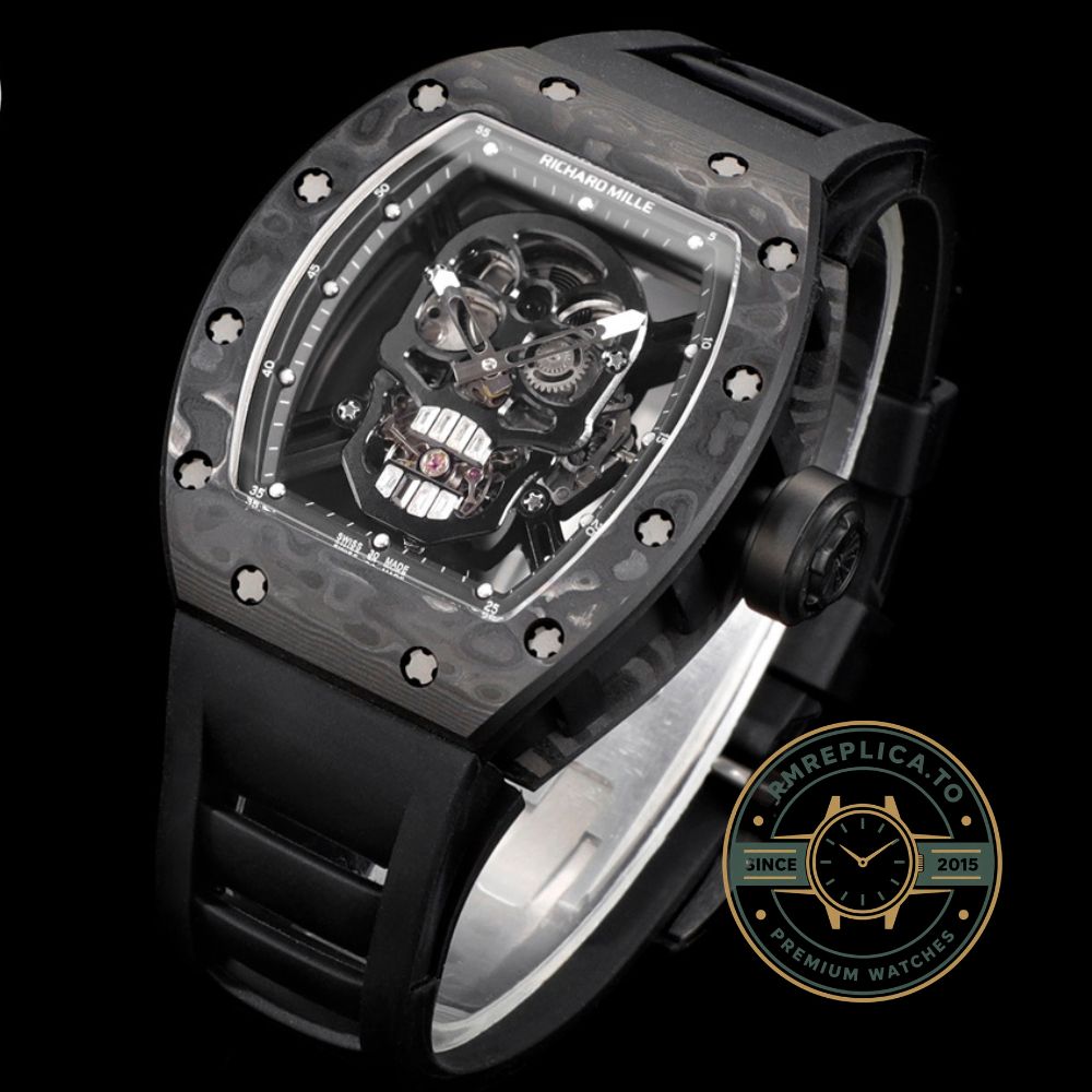 Richard Mille RM52-01 carbon fiber camouflage case black rubber strap skull tourbillon dial side view – richard mille super clone