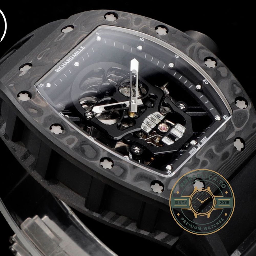 Richard Mille RM52-01 carbon fiber camouflage case black rubber strap case side crown detail view – fake richard mille