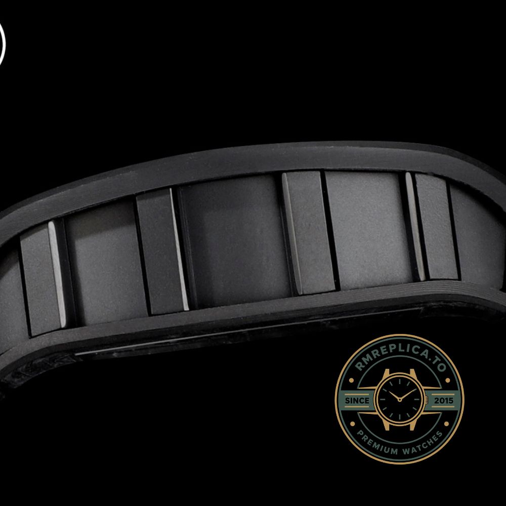 Richard Mille RM52-01 carbon fiber camouflage case black rubber strap movement caseback detail view – replica richard mille watch