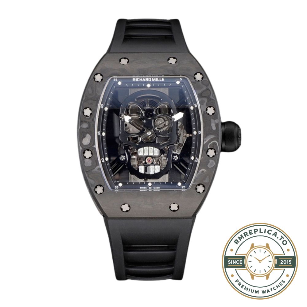 Richard Mille RM52-01 carbon fiber camouflage case black rubber strap skull tourbillon dial black background front view – richard mille clone