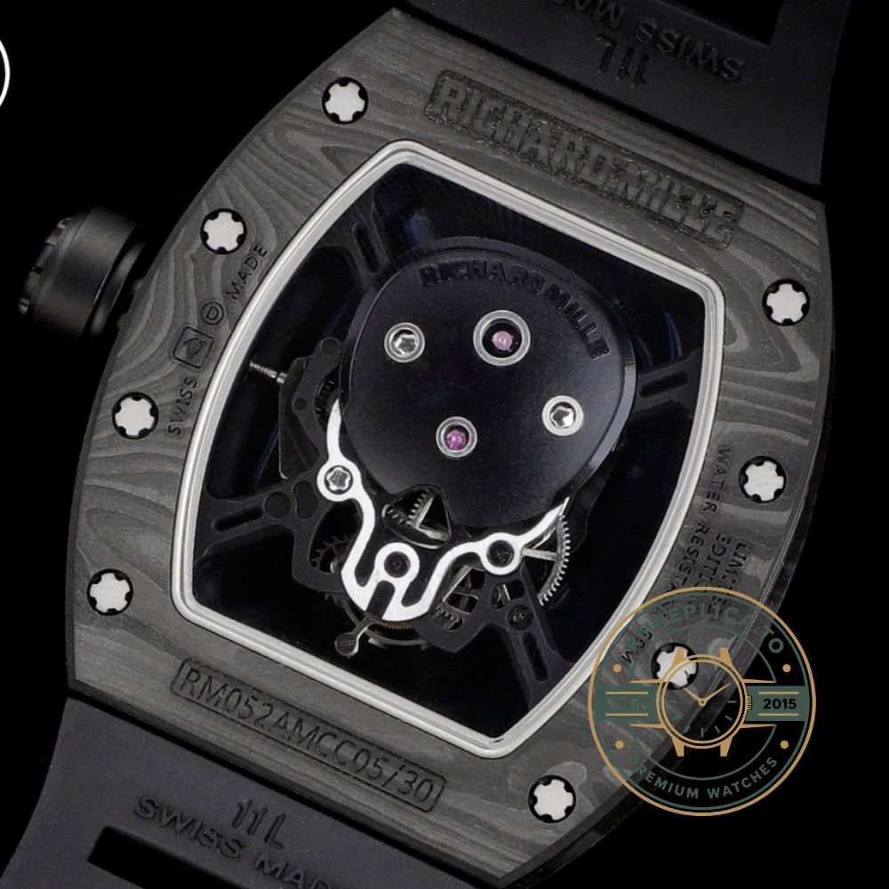 Richard Mille RM52-01 carbon fiber camouflage case black rubber strap buckle detail view – best richard mille replica
