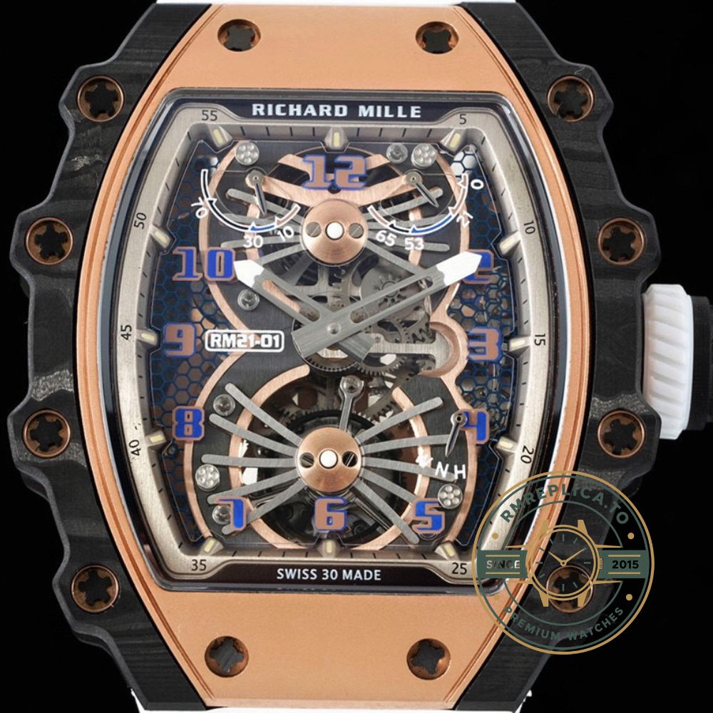 Best Richard Mille RM 21-01 Aerodynamic Tourbillon replica watch front view with carbon rose gold case and white rubber strap – richard mille replica