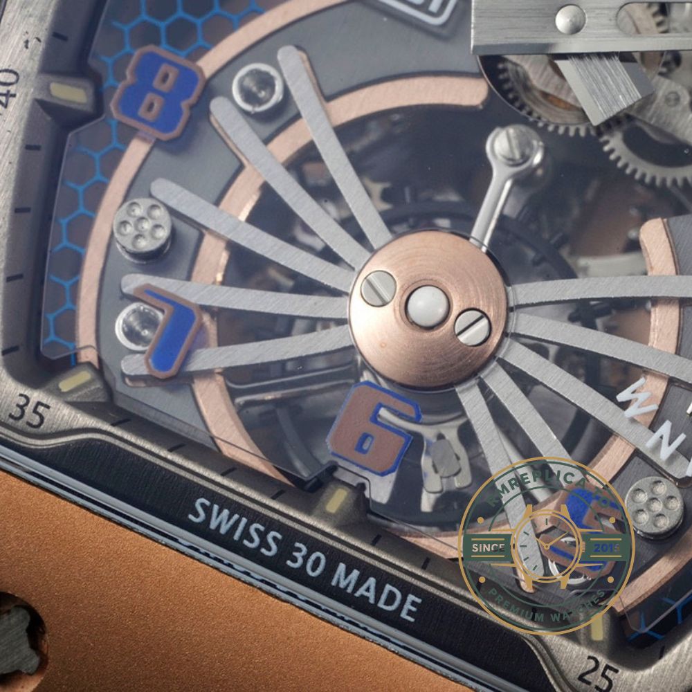 Richard Mille RM 21-01 Aerodynamic Tourbillon super clone dial close-up detail with skeletonized dial – richard mille super clone