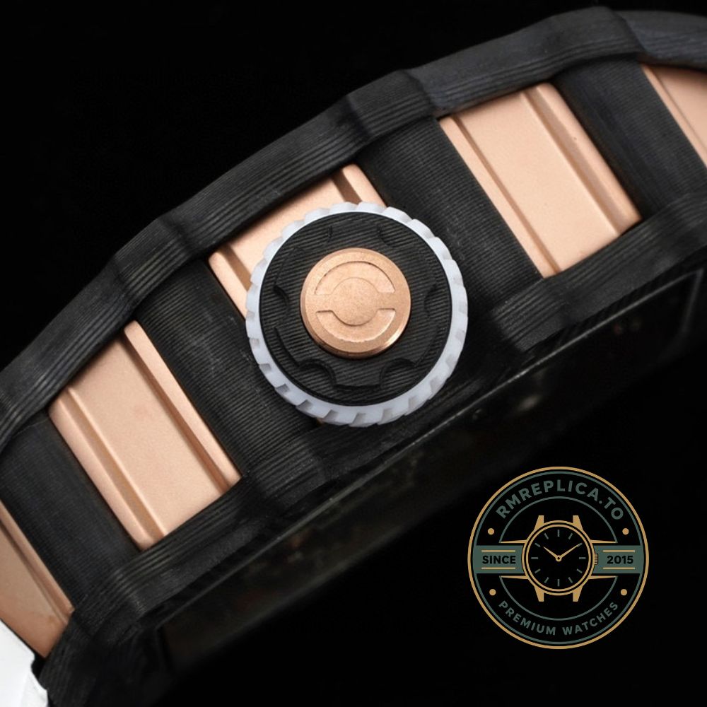 Replica Richard Mille watch RM 21-01 Aerodynamic Tourbillon angled dial view with white rubber strap – replica richard mille watch