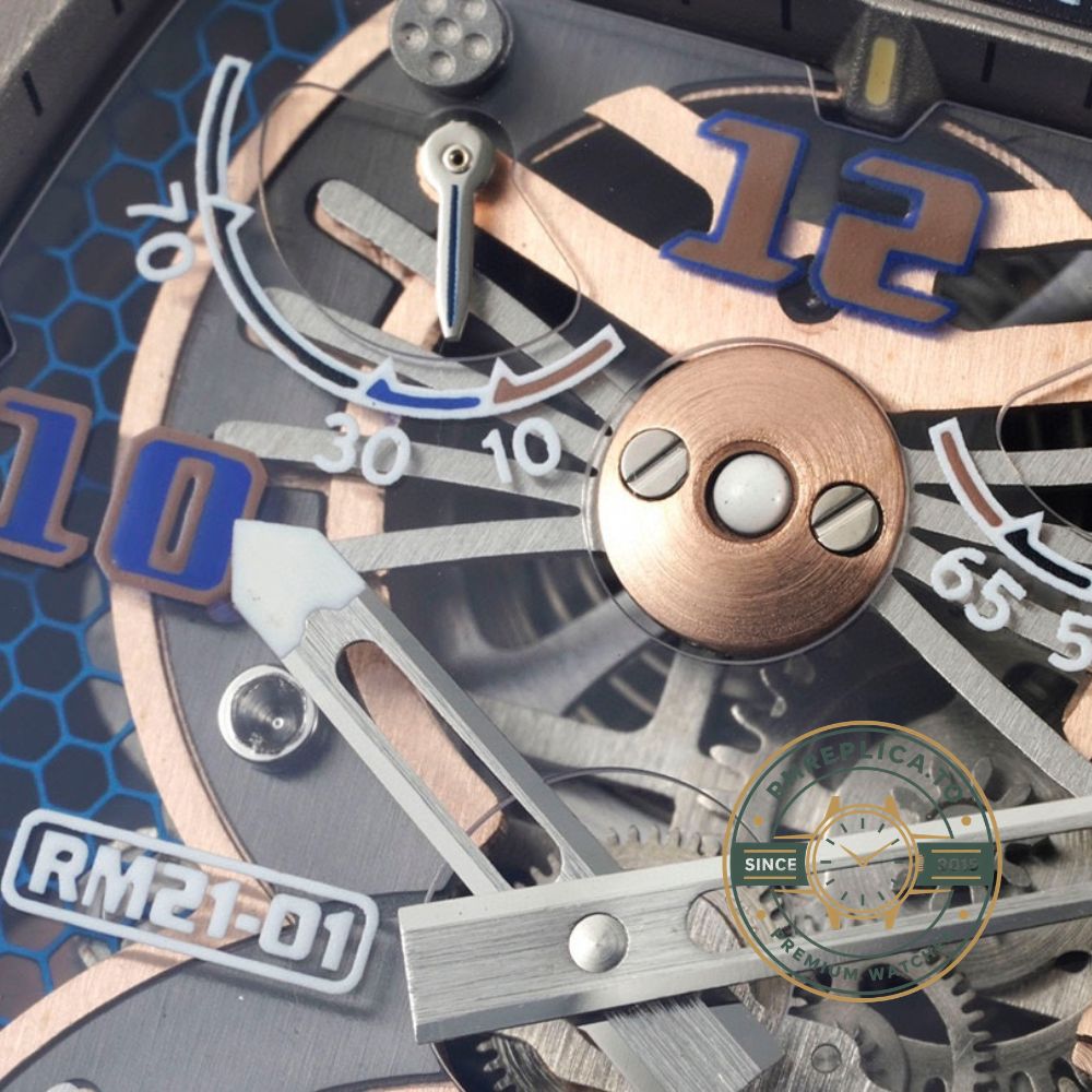 Richard Mille clone RM 21-01 Aerodynamic Tourbillon side crown detail with carbon TPT and rose gold case – richard mille clone