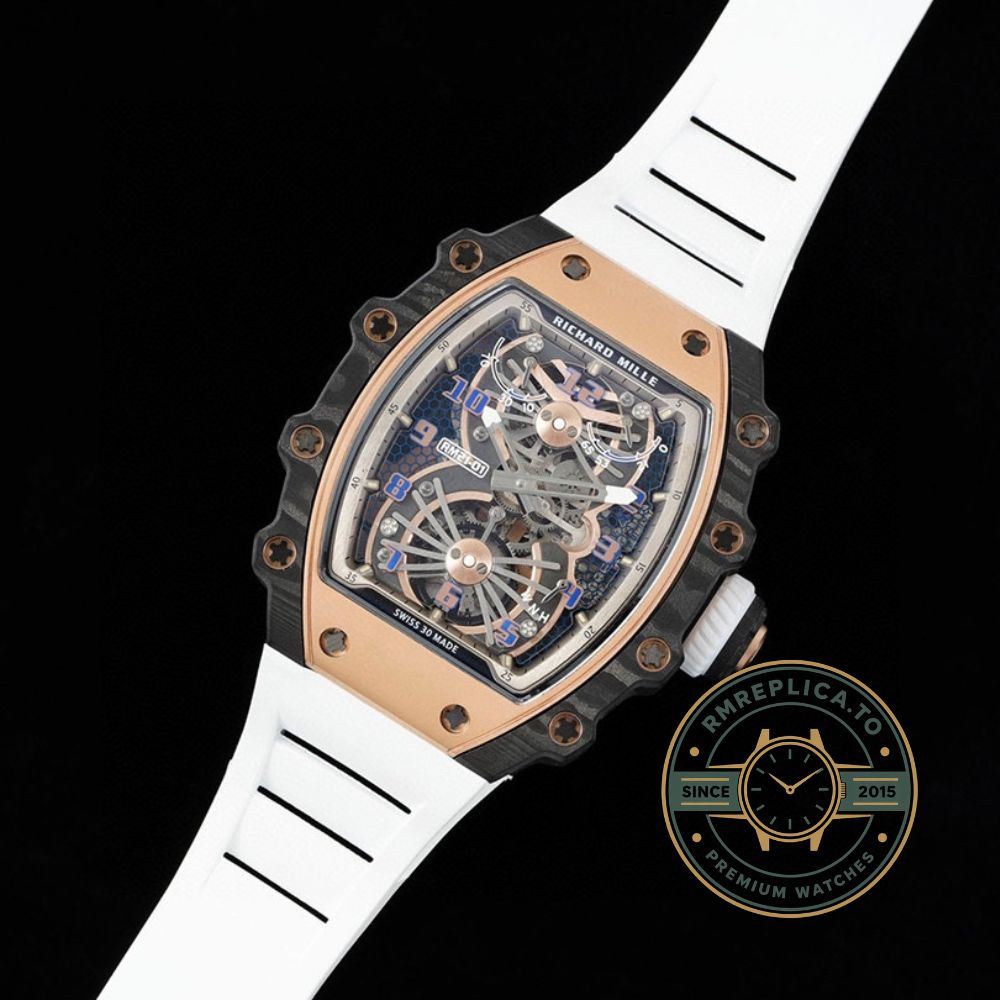 Imitation Richard Mille RM 21-01 Aerodynamic Tourbillon front view on black background – imitation richard mille
