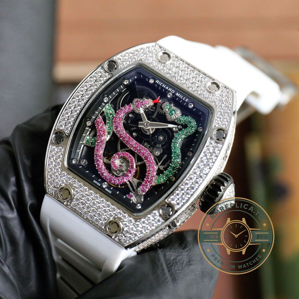 Richard Mille clone RM 026 Serpent tourbillon movement detail visible at 6 o'clock – richard mille clone