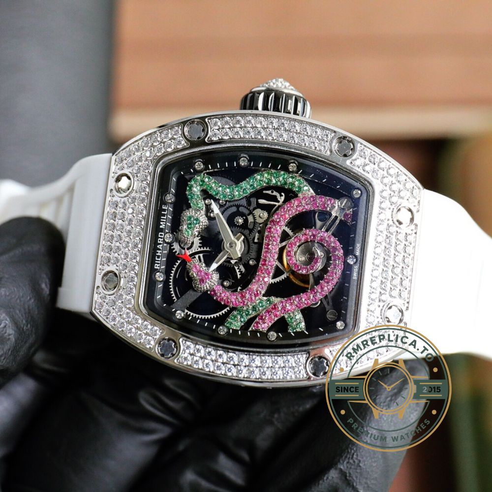 Best Richard Mille replica RM 026 Serpent side view with diamond white gold case and white rubber strap – best richard mille replica