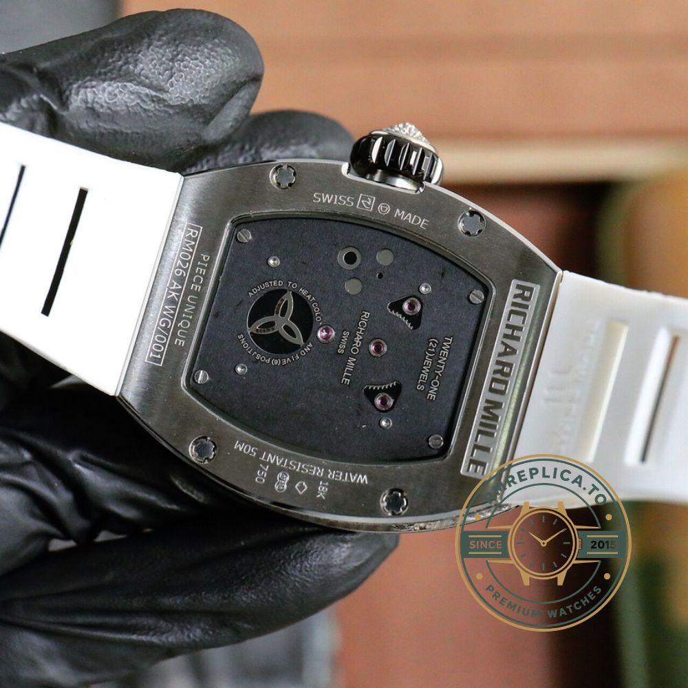 Imitation Richard Mille RM 026 Serpent crown detail with diamond crown and white rubber band – imitation richard mille