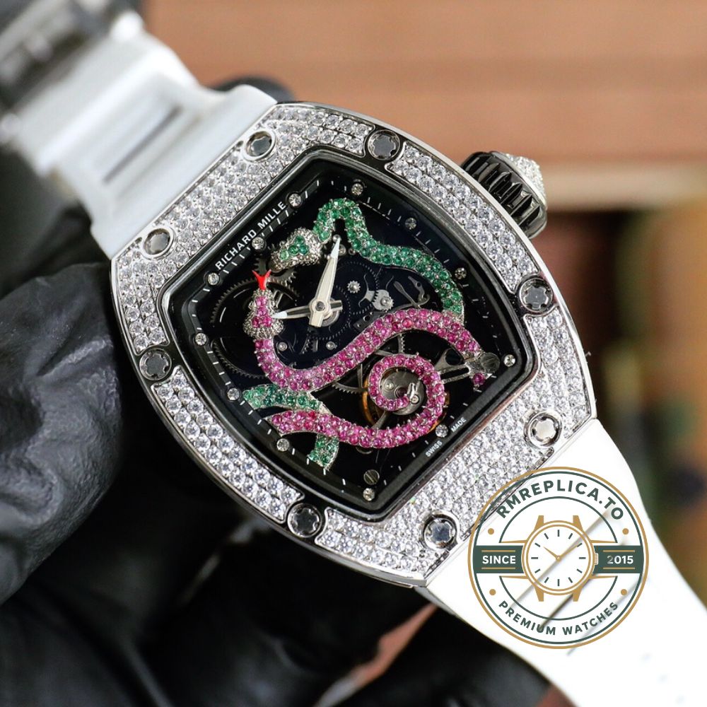 Richard Mille replica for sale RM 026 Serpent on wrist with diamond white gold case and double serpent dial – richard mille replica for sale