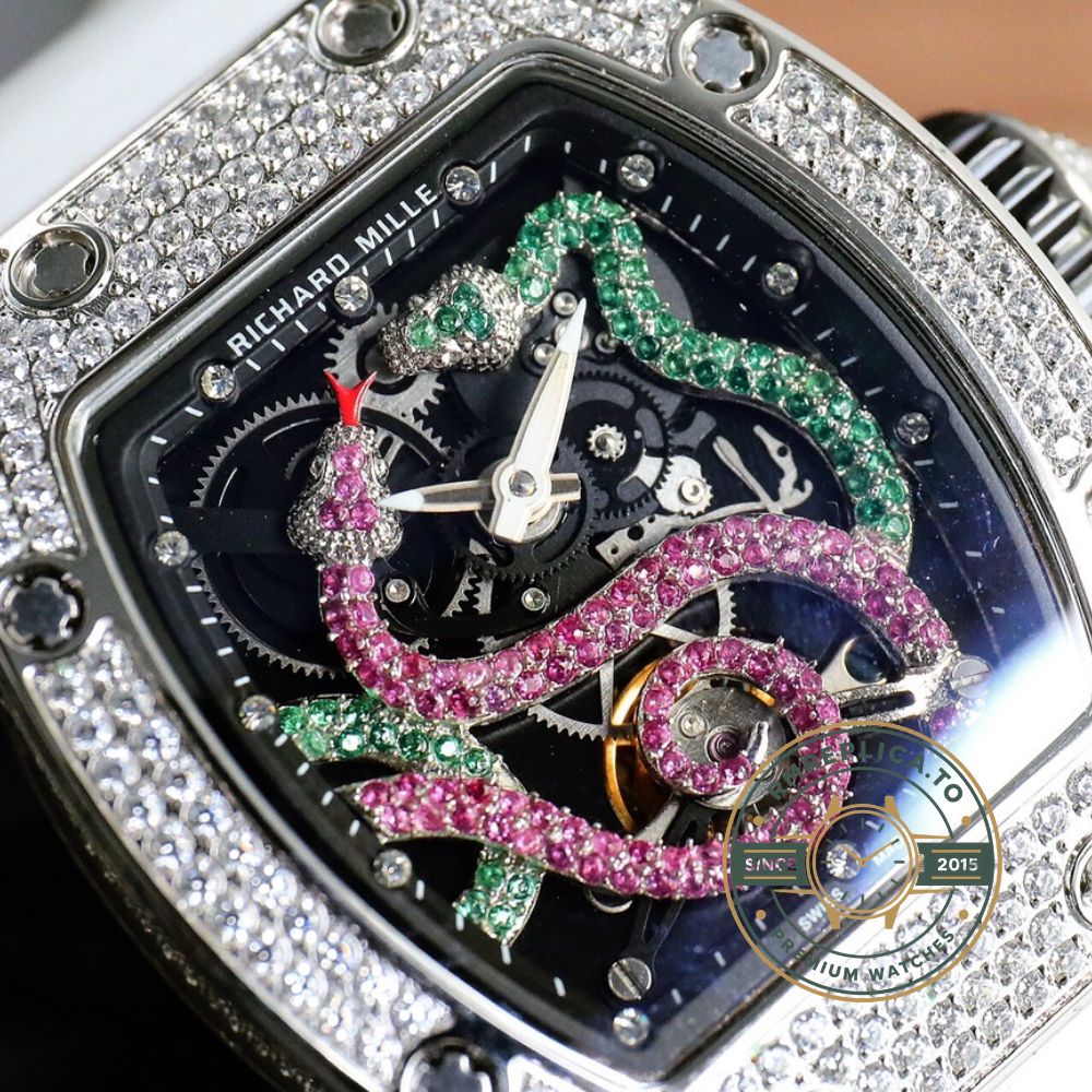 Fake Richard Mille RM 026 Serpent luxury tourbillon watch angled view with white rubber strap – fake richard mille