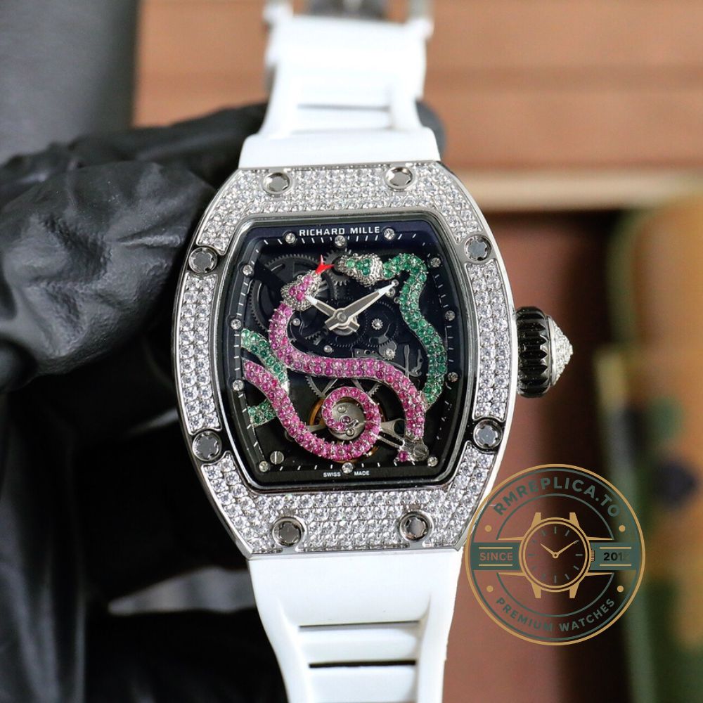 Replica Richard Mille watch RM 026 Serpent dial detail with double serpent design, pink and green gemstones – replica richard mille watch