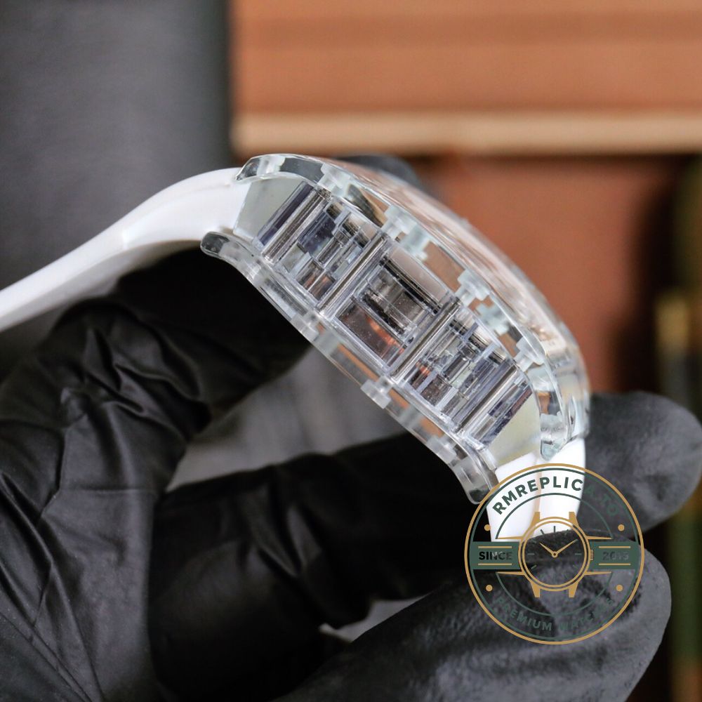 Richard Mille RM 07-02 super clone angled view with diamond pavé dial and transparent sapphire case – richard mille super clone