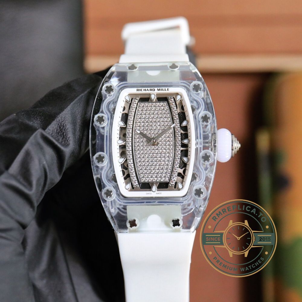 Richard Mille swiss replicas RM 07-02 diamond pavé dial on wrist with white rubber strap – richard mille swiss replicas