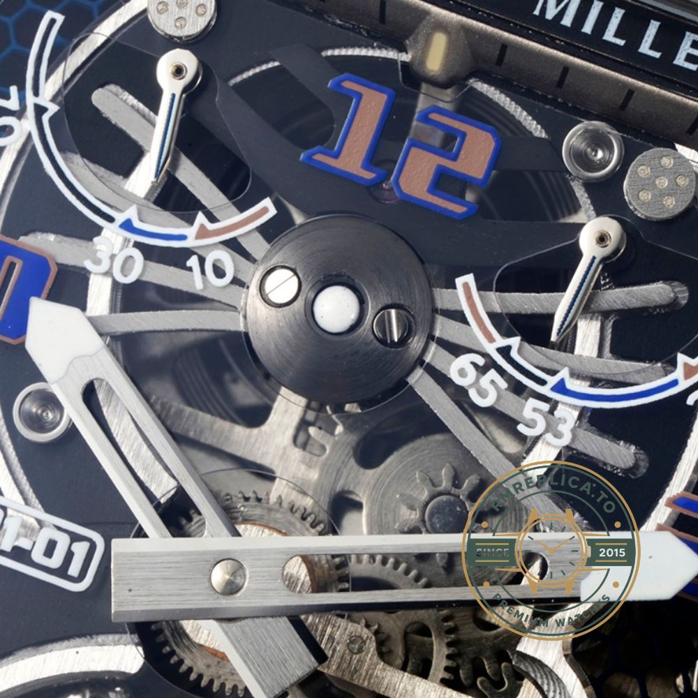 Fake Richard Mille RM 21-01 Aerodyne tourbillon white black case dial close-up front detail – fake richard mille