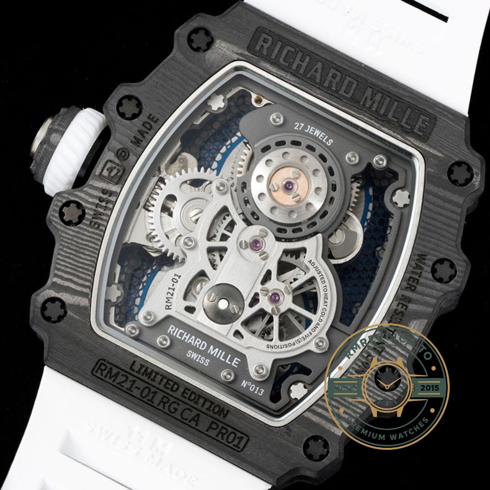 Richard Mille clone RM 21-01 Aerodyne tourbillon white black case movement detail close-up – richard mille clone