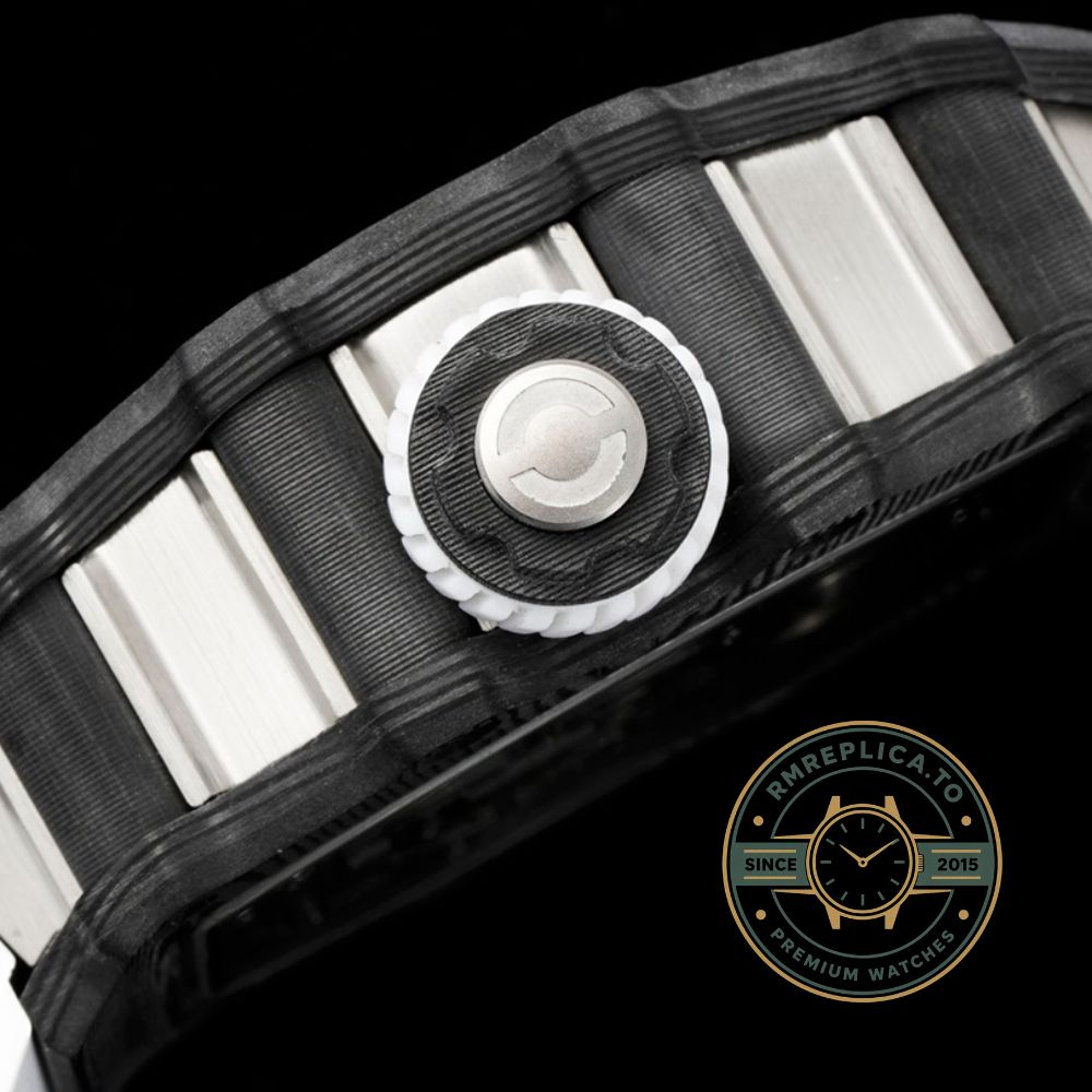 Richard Mille replicas RM 21-01 Aerodyne tourbillon white rubber strap crown side detail – richard mille replicas