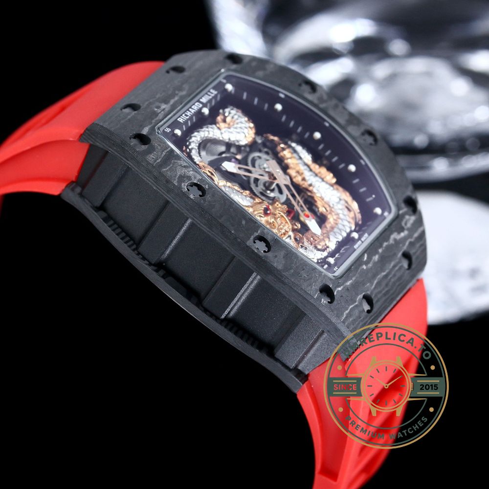 Swiss replica Richard Mille RM 57-03 Dragon skeleton dial carbon fiber case red rubber strap luxury watch front view – richard mille replica