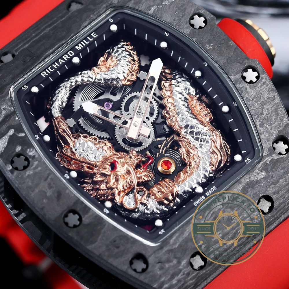 Richard Mille RM 57-03 Dragon super clone angled view with carbon fiber case and 3D dragon skeleton dial – richard mille super clone