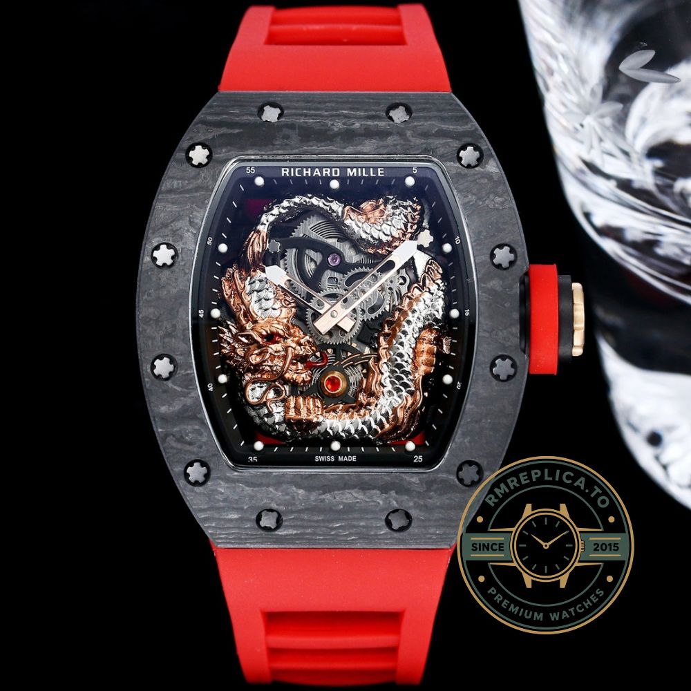 Fake Richard Mille RM 57-03 Dragon skeleton dial detail with 3D dragon design and red rubber strap – fake richard mille