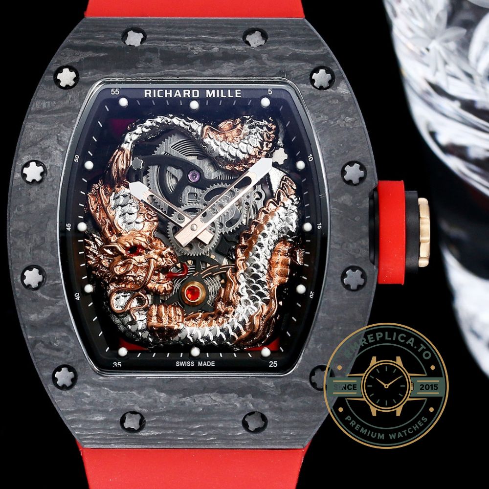 Richard Mille clone RM 57-03 Dragon side view with carbon fiber case and red rubber strap – richard mille clone