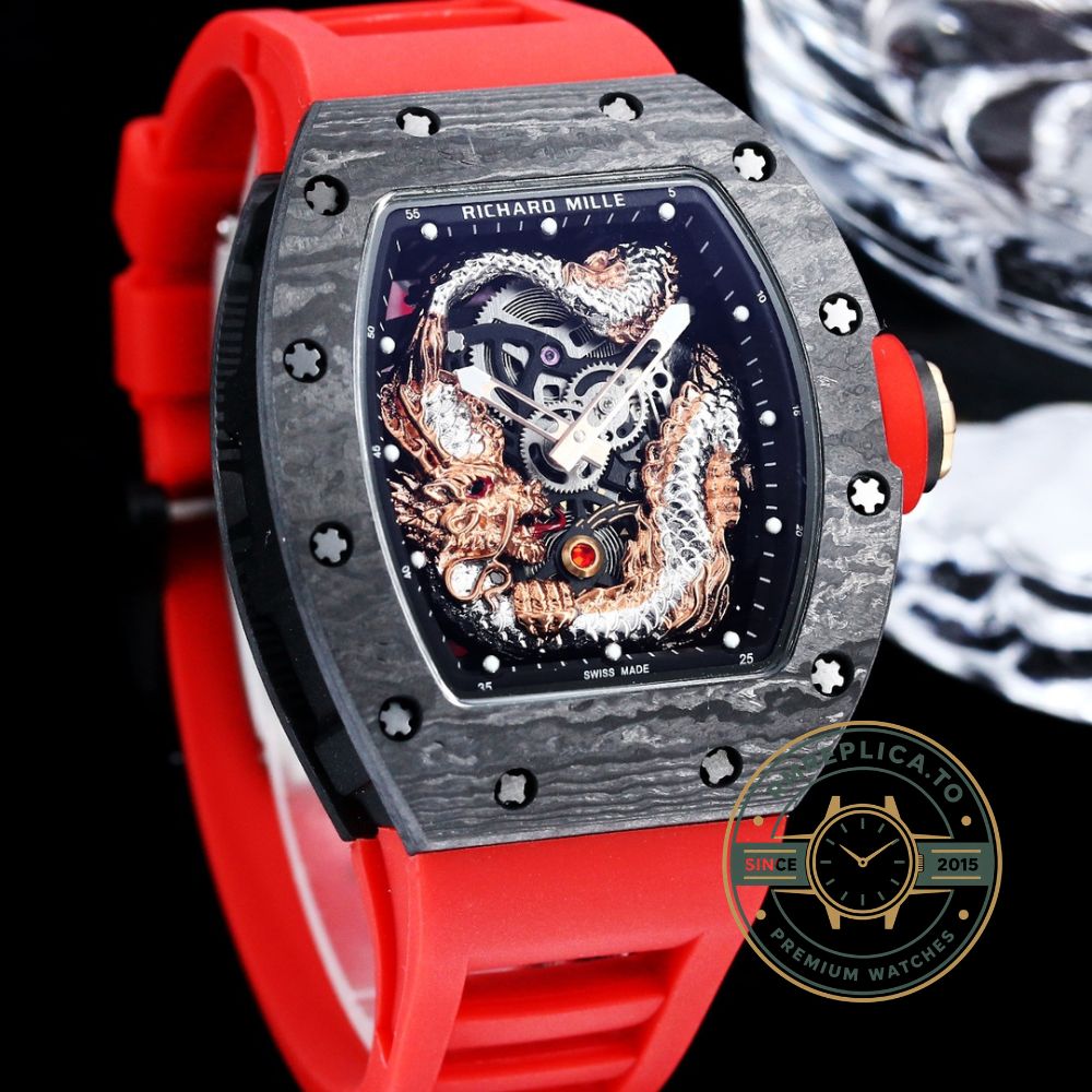 Richard Mille replica for sale RM 57-03 Dragon on wrist with carbon fiber case and skeleton dial – richard mille replica for sale
