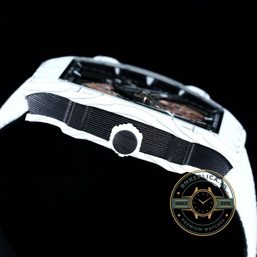 Fake Richard Mille RM27-05 Rafael Nadal flying tourbillon white case white nylon strap side view – fake richard mille