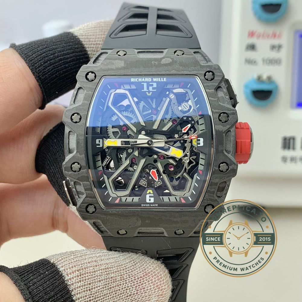 Fake Richard Mille RM35-03 black carbon fiber skeleton watch caseback movement view luxury automatic watch – fake richard mille