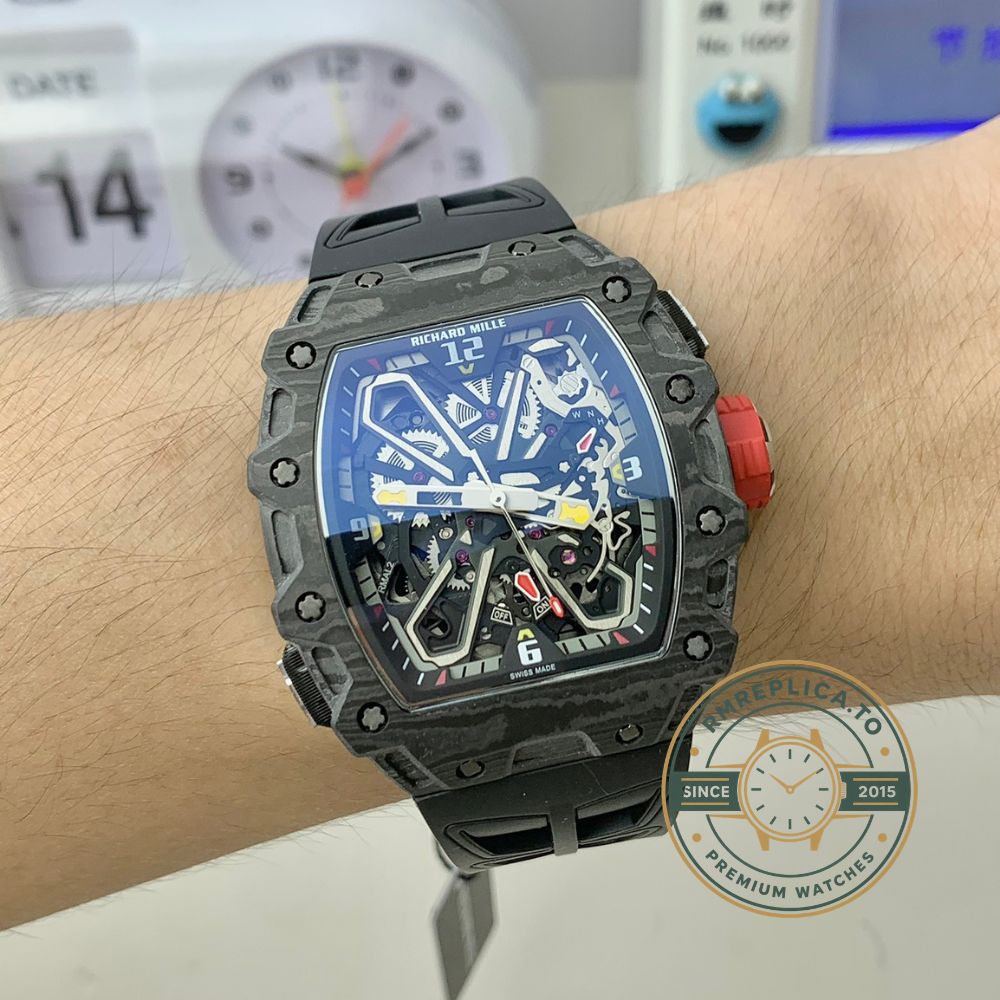 Replica Richard Mille watch RM35-03 black carbon fiber skeleton watch front detail close-up view luxury automatic watch – replica richard mille watch