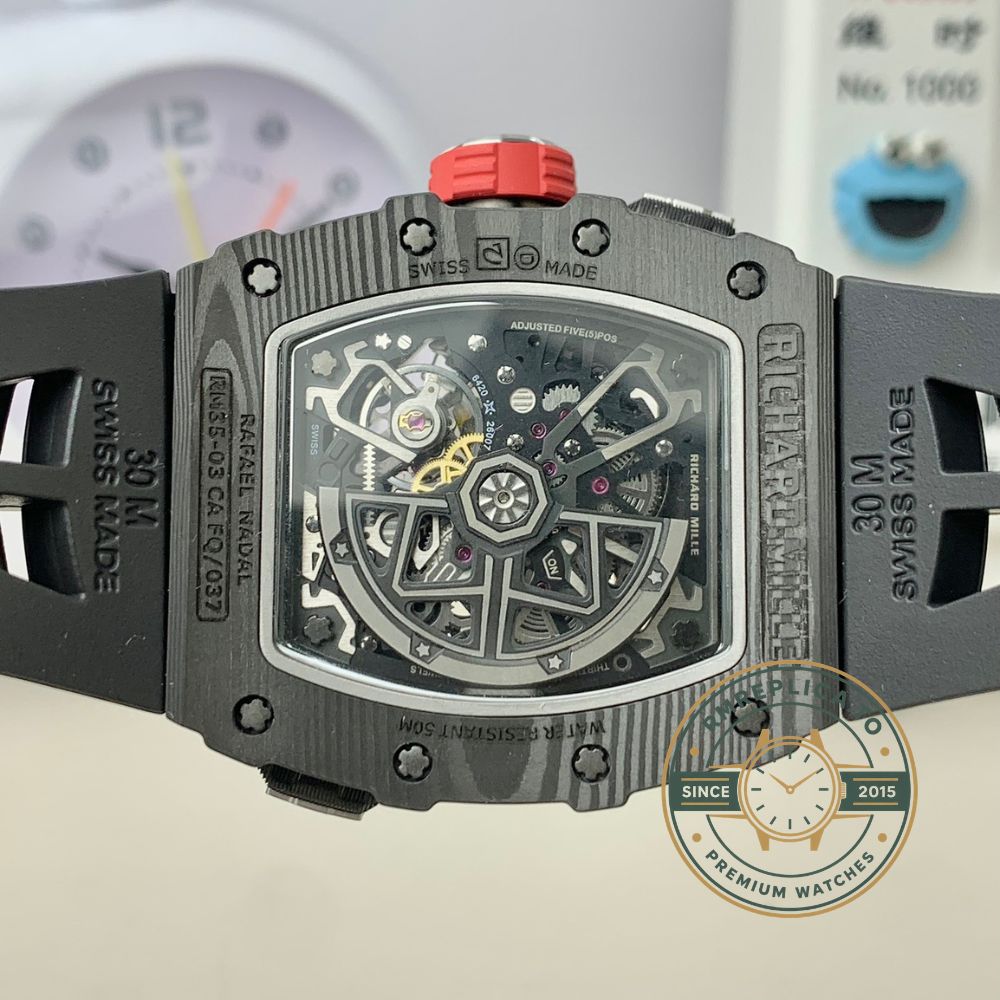 Richard Mille clone RM35-03 black strap silver clasp detail close-up view luxury watch buckle – richard mille clone