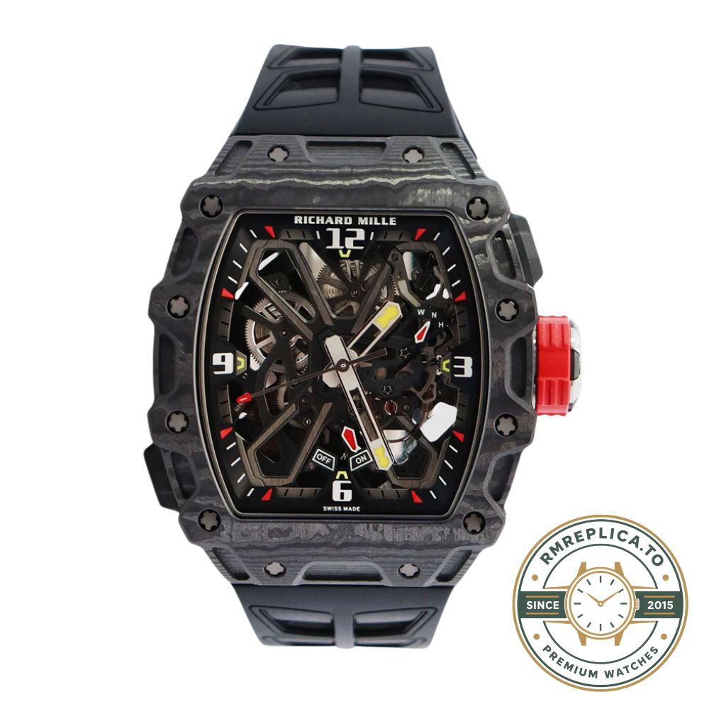 Best Richard Mille RM35-03 replica watch with skeleton design black carbon fiber front view luxury automatic watch – richard mille replica